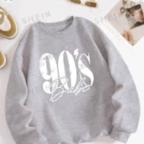 SHEIN Gray "90s Babe" Distressed Crew Neck Relaxed Fit Sweater Grunge Era Y2K - Picture 1 of 12